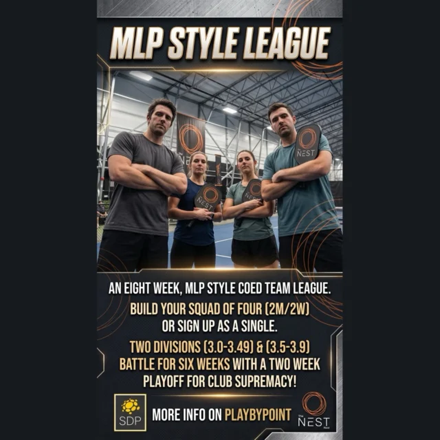 How about some club spirit here !! Grab your group of 4 or jump in as a single and the coaches will curate a team. Let’s battle for supremacy at The Nest. #teampickle #mlpstylepickleball  LINK IN BIO