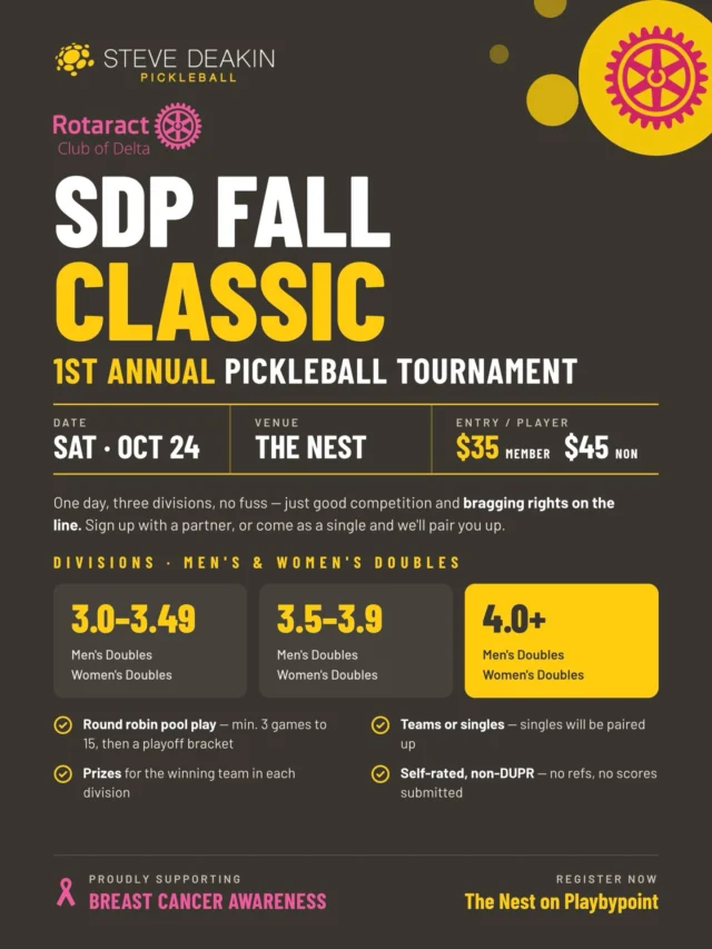 As @rachaelchatoor said…DO IT FOR THE BOOBIES. This is important. Registration closes Thursday so get registered asap for a great day of laughs, pickleball and charity vibes. Just pure fun. Call the Nest Sports if you need help with sign up. #sdpfallclassic #rotaractclubdelta #breastcancerawareness