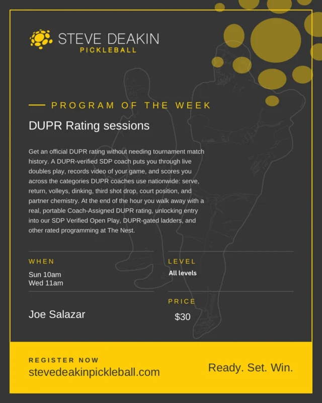 Are you finding that programs or events need to know your DUPR ? You don’t have one? You don’t compete? Are people assigning you a perceived rating? TAKE CARE OF IT TODAY. Register to get your DUPR rating finally. Download Playbypoint, find the Nest and search DUPR rating session. #knowwhereyoubelong #dupr #whatsyourdupr